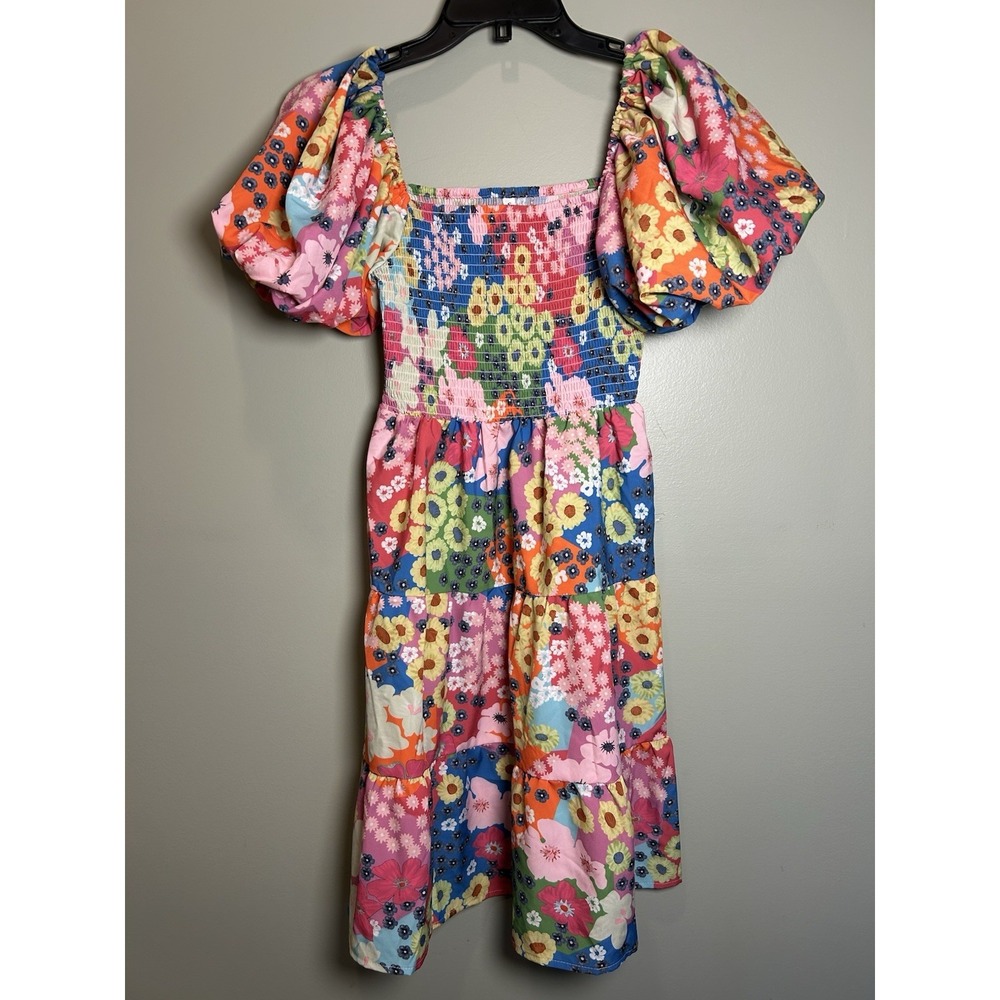 Womens S Multicolor Floral Smocked Square Neck Puff Sleeve Fit & Flare Dress
